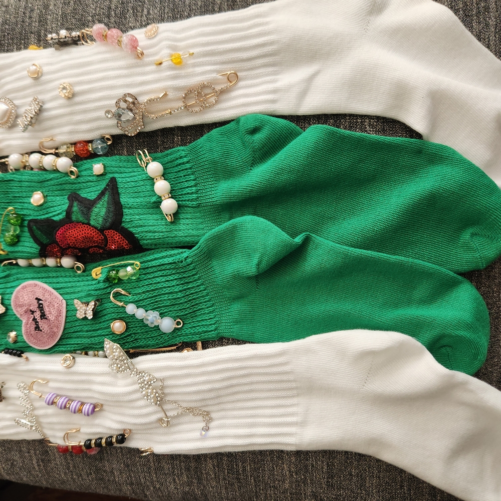 Green and White Embellished Socks